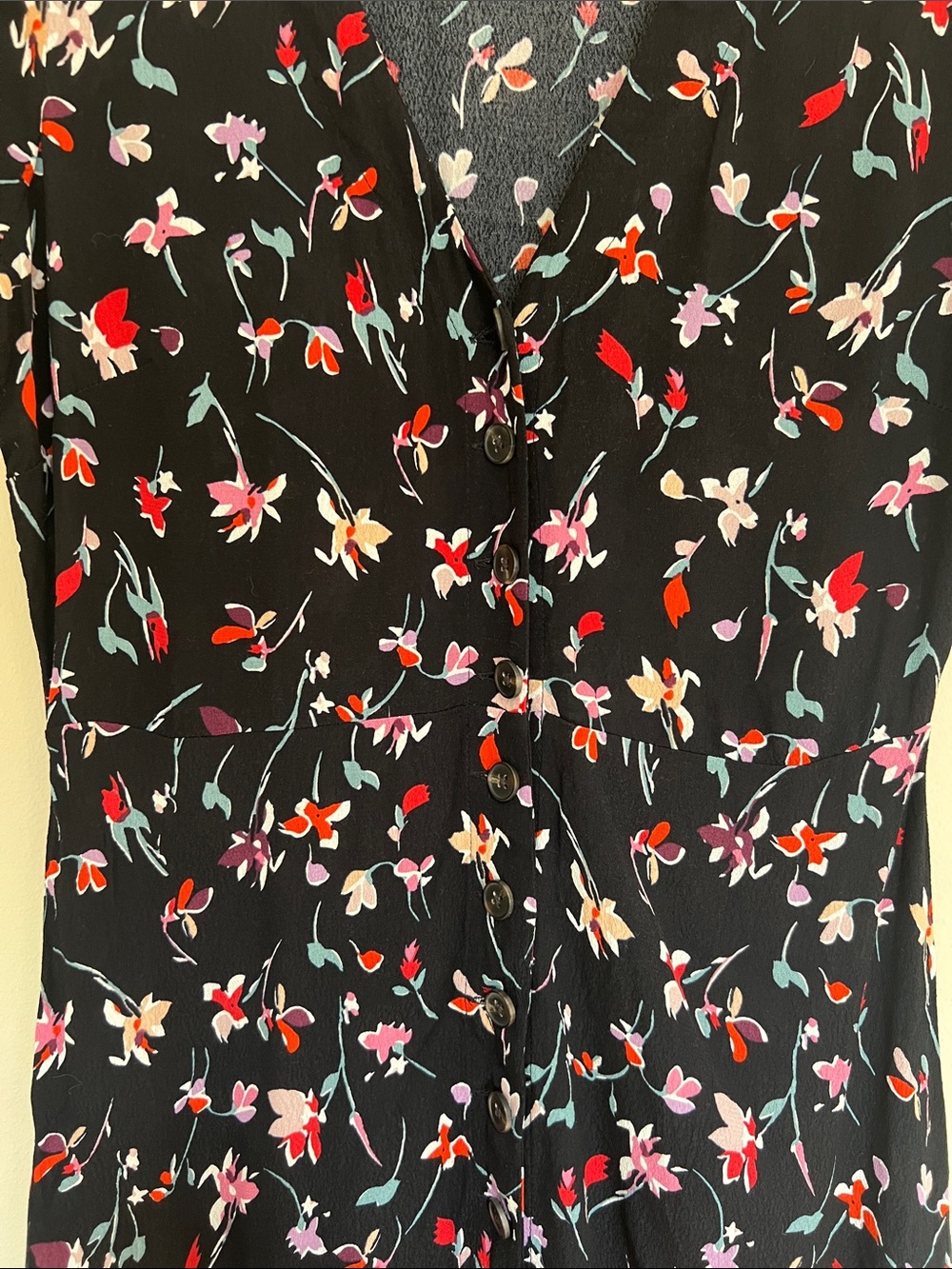Madewell Black Floral V-Neck Button Mini Dress 2 - Picture 2 of 4